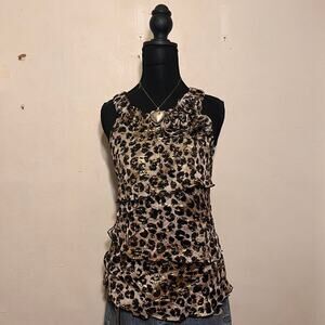 Y2K McBling IZ BYER cheetah ruffle blouse with roses and gold specks on blouse
